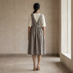 Beige Cotton-Linen V-Neck Pinafore Midi Wrap Dress
