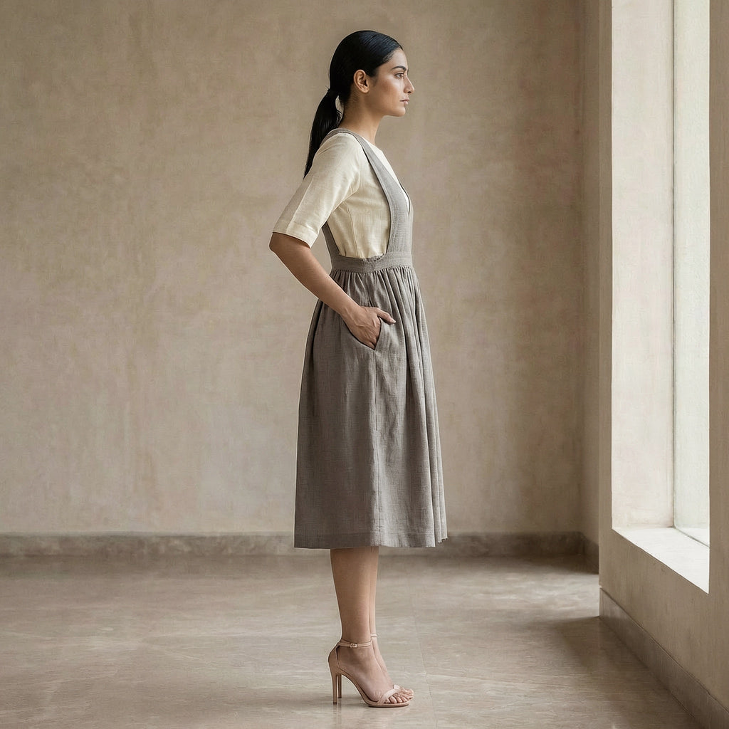 Beige Cotton-Linen V-Neck Pinafore Midi Wrap Dress