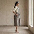 Beige Cotton-Linen V-Neck Pinafore Midi Wrap Dress