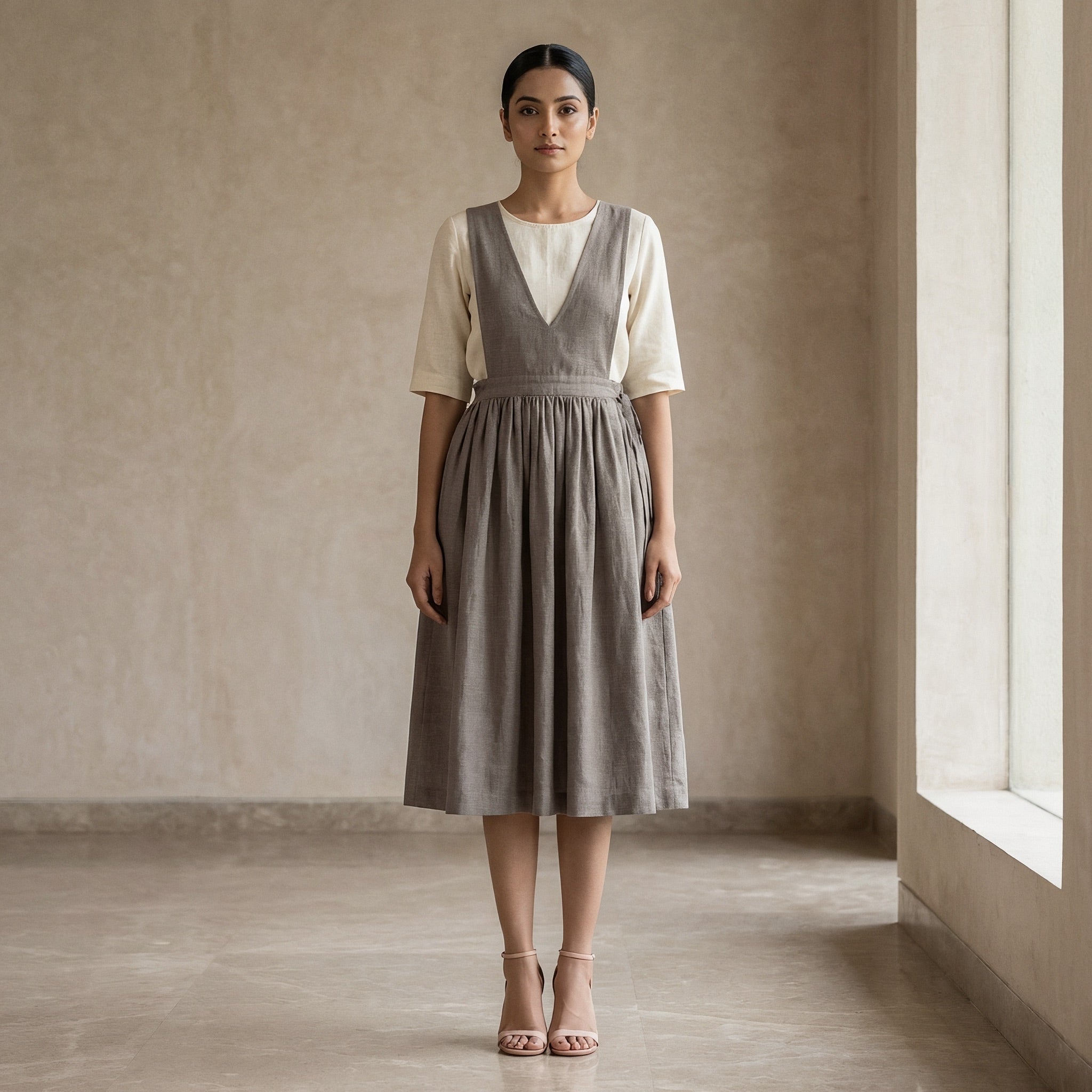 Beige Cotton-Linen V-Neck Pinafore Midi Wrap Dress