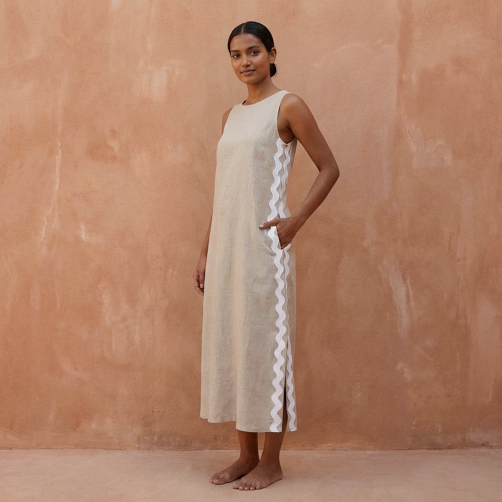 Beige Cotton Linen Wavy Stripe Maxi Shift Dress