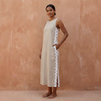 Beige Cotton Linen Wavy Stripe Maxi Shift Dress
