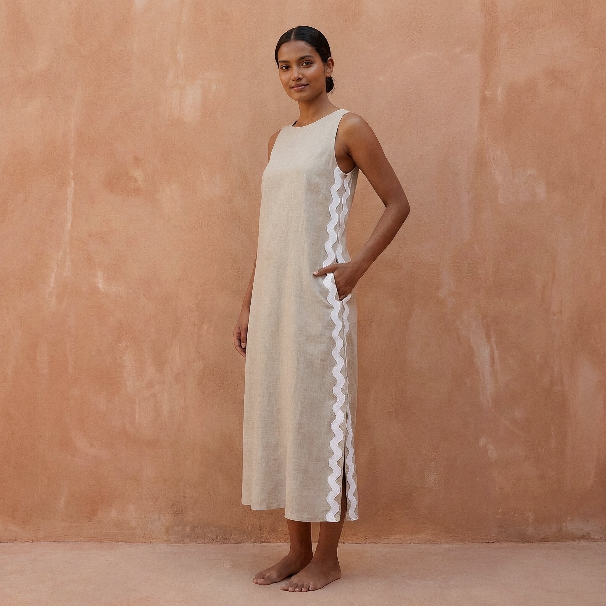 Beige Cotton Linen Wavy Stripe Maxi Shift Dress