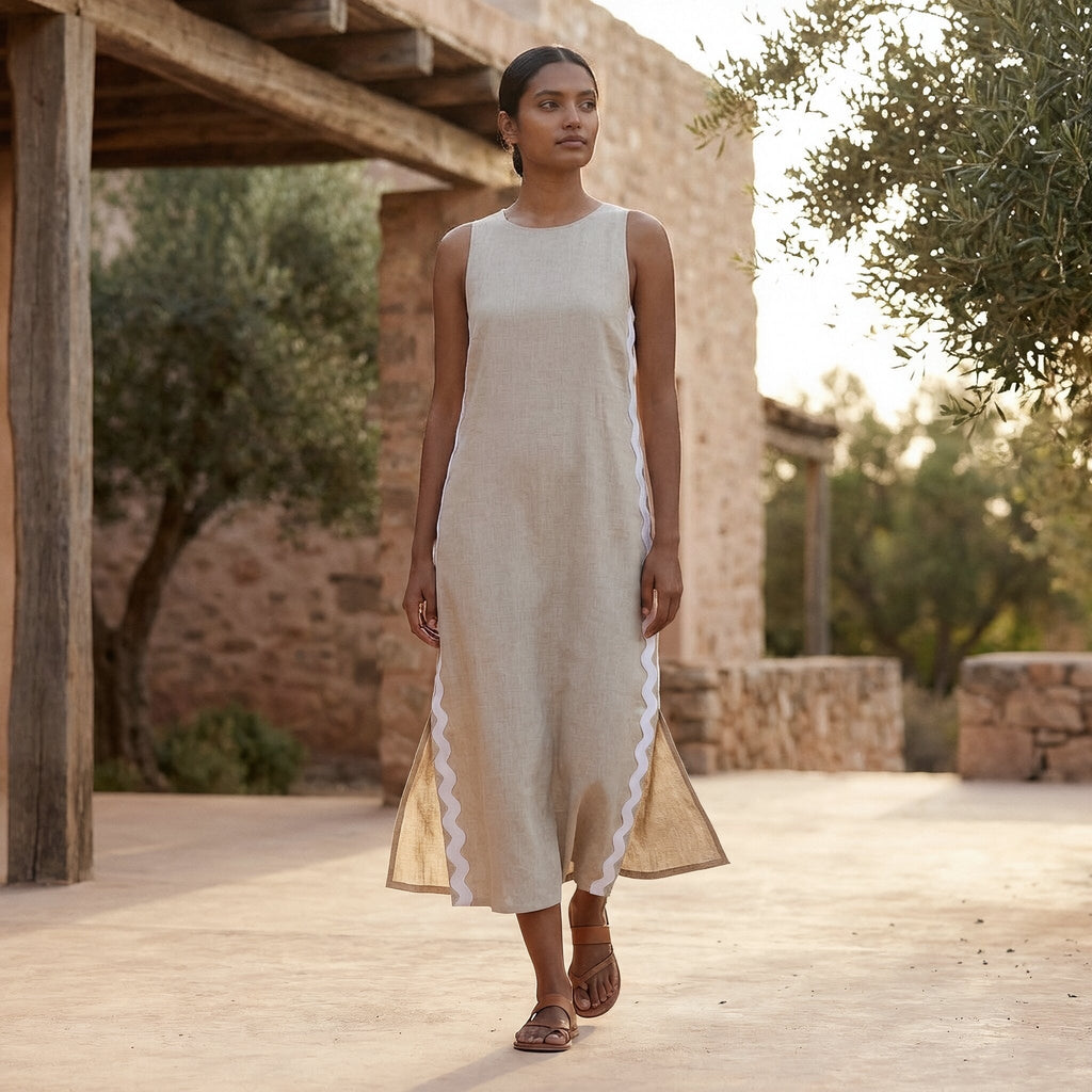 Beige Cotton Linen Wavy Stripe Maxi Shift Dress