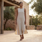 Beige Cotton Linen Wavy Stripe Maxi Shift Dress