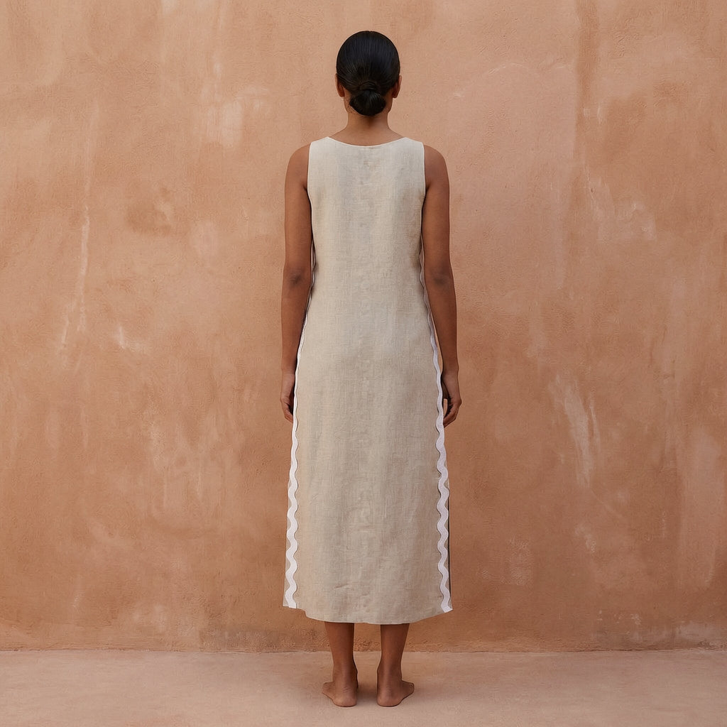 Beige Cotton Linen Wavy Stripe Maxi Shift Dress