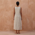 Beige Cotton Linen Wavy Stripe Maxi Shift Dress