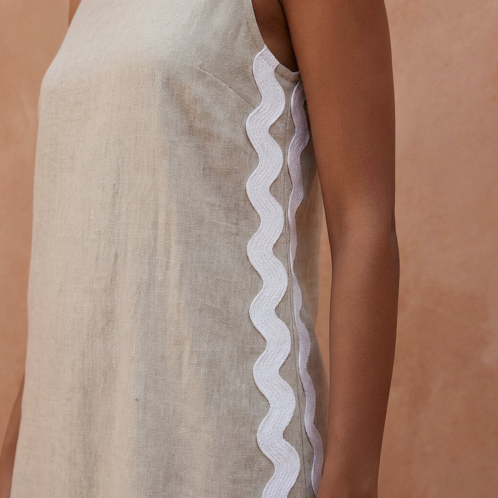 Beige Cotton Linen Wavy Stripe Maxi Shift Dress