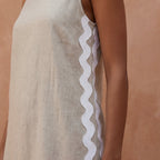 Beige Cotton Linen Wavy Stripe Maxi Shift Dress