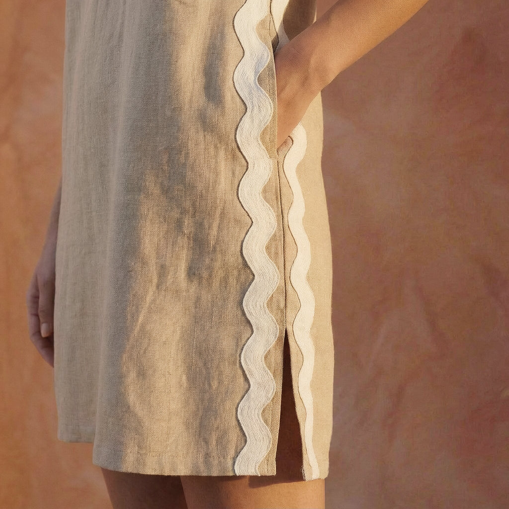 Beige Cotton Linen Wavy Stripe Short Shift Dress