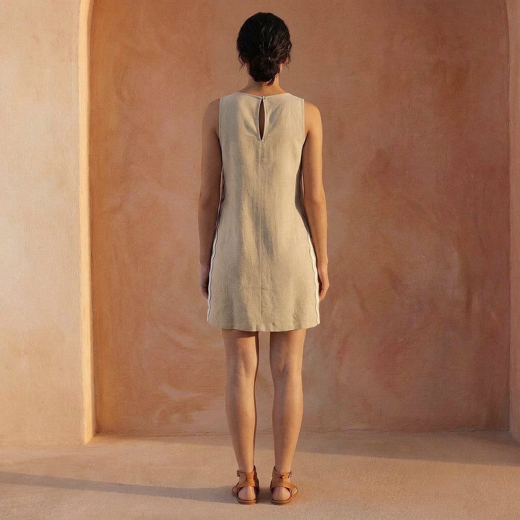 Beige Cotton Linen Wavy Stripe Short Shift Dress