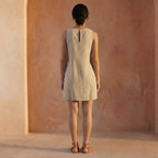 Beige Cotton Linen Wavy Stripe Short Shift Dress
