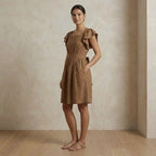 Beige Cotton Open-Back Fit and Flare Knee Length Dress