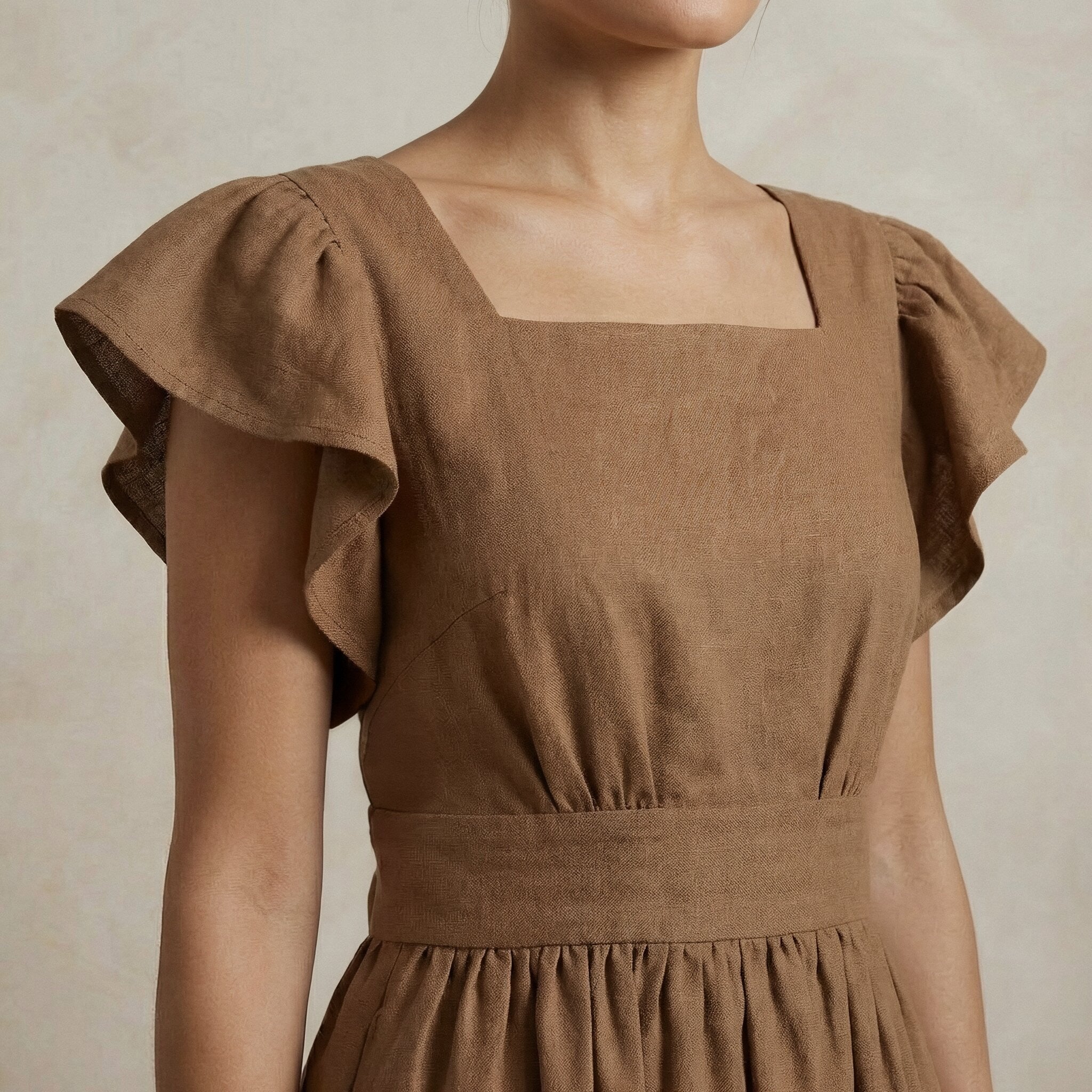 Beige Cotton Open-Back Fit and Flare Knee Length Dress