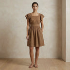 Beige Cotton Open-Back Fit and Flare Knee Length Dress