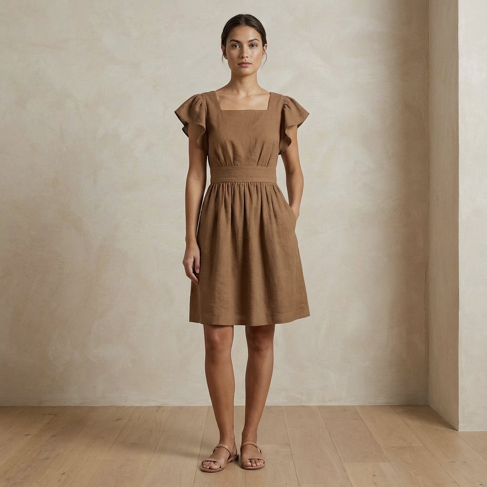 Beige Cotton Open-Back Fit and Flare Knee Length Dress