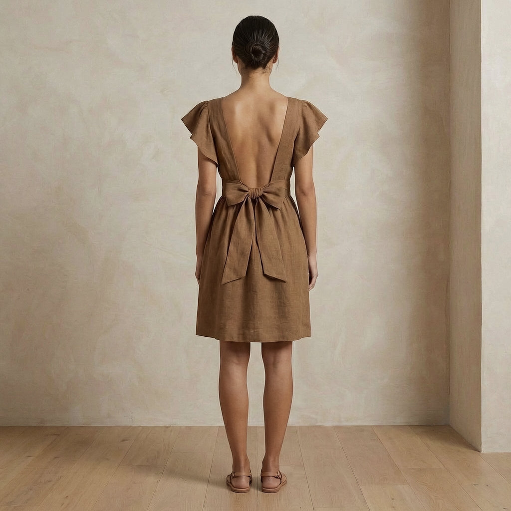 Beige Cotton Open-Back Fit and Flare Knee Length Dress