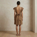 Beige Cotton Open-Back Fit and Flare Knee Length Dress