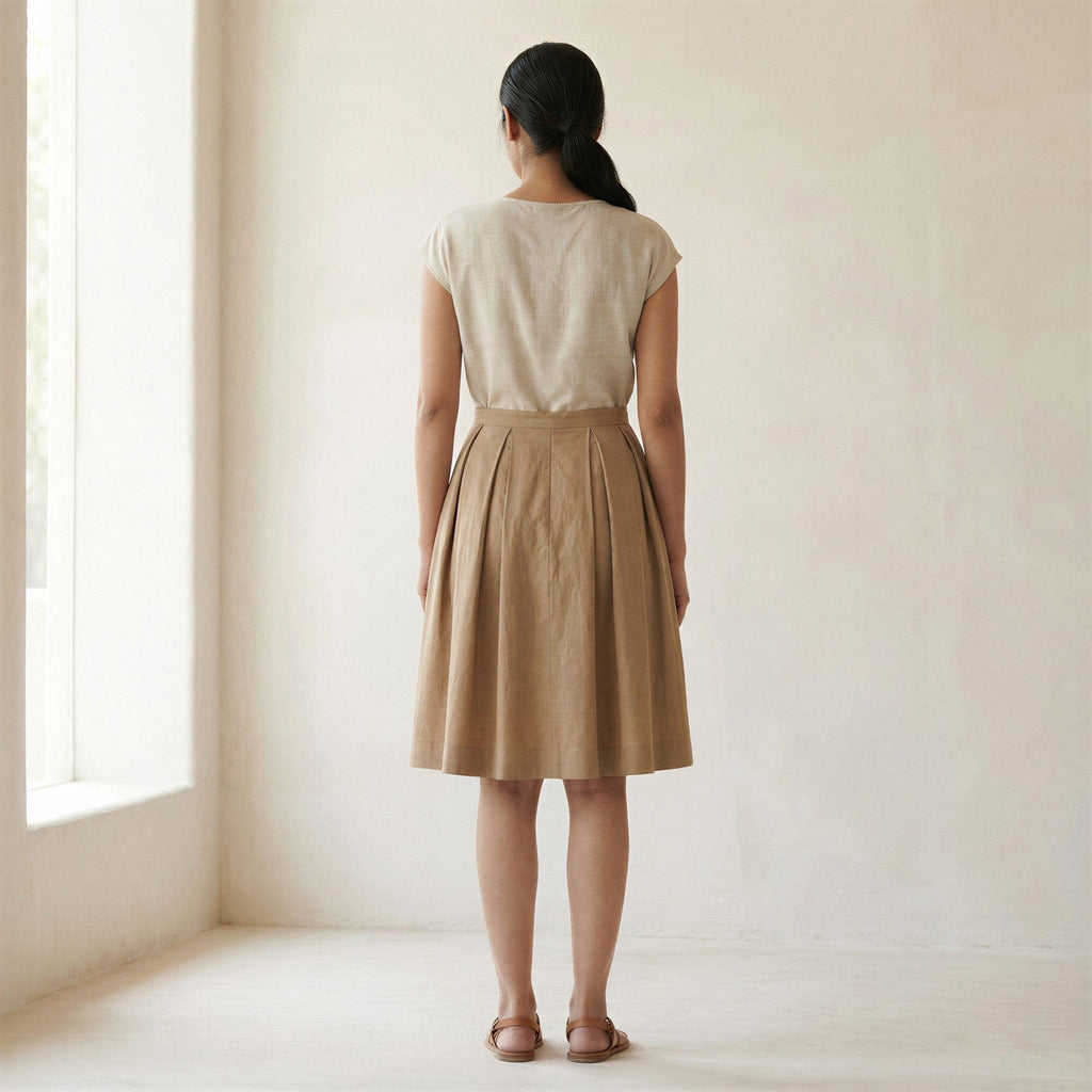 Beige Cotton Pleated Knee-Length Skirt