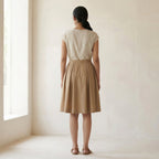 Beige Cotton Pleated Knee-Length Skirt