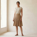 Beige Cotton Pleated Knee-Length Skirt