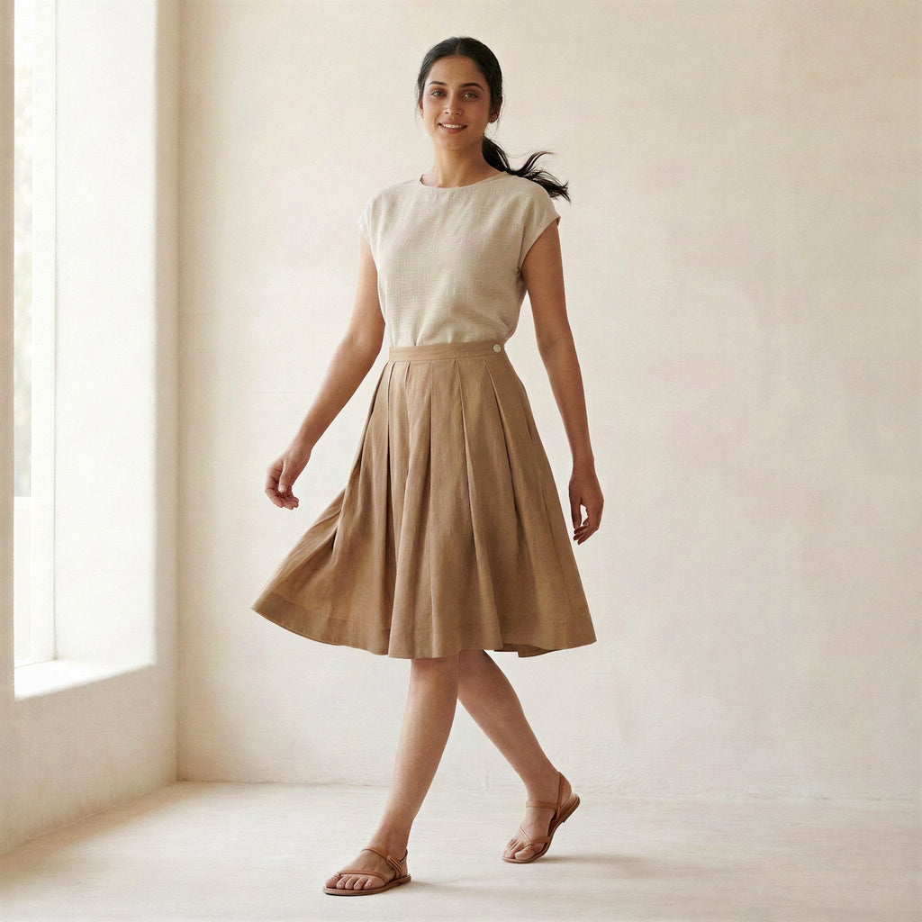 Beige Cotton Pleated Knee-Length Skirt