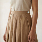 Beige Cotton Pleated Knee-Length Skirt