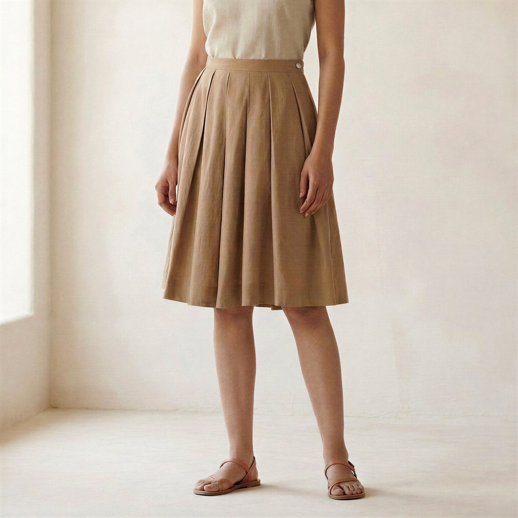 Beige Cotton Pleated Knee-Length Skirt