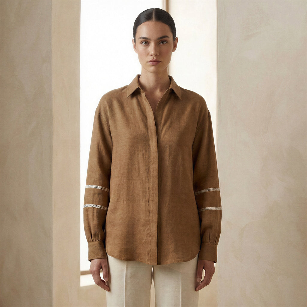 Beige Cotton Relaxed Full Sleeve Button-Down Shirt