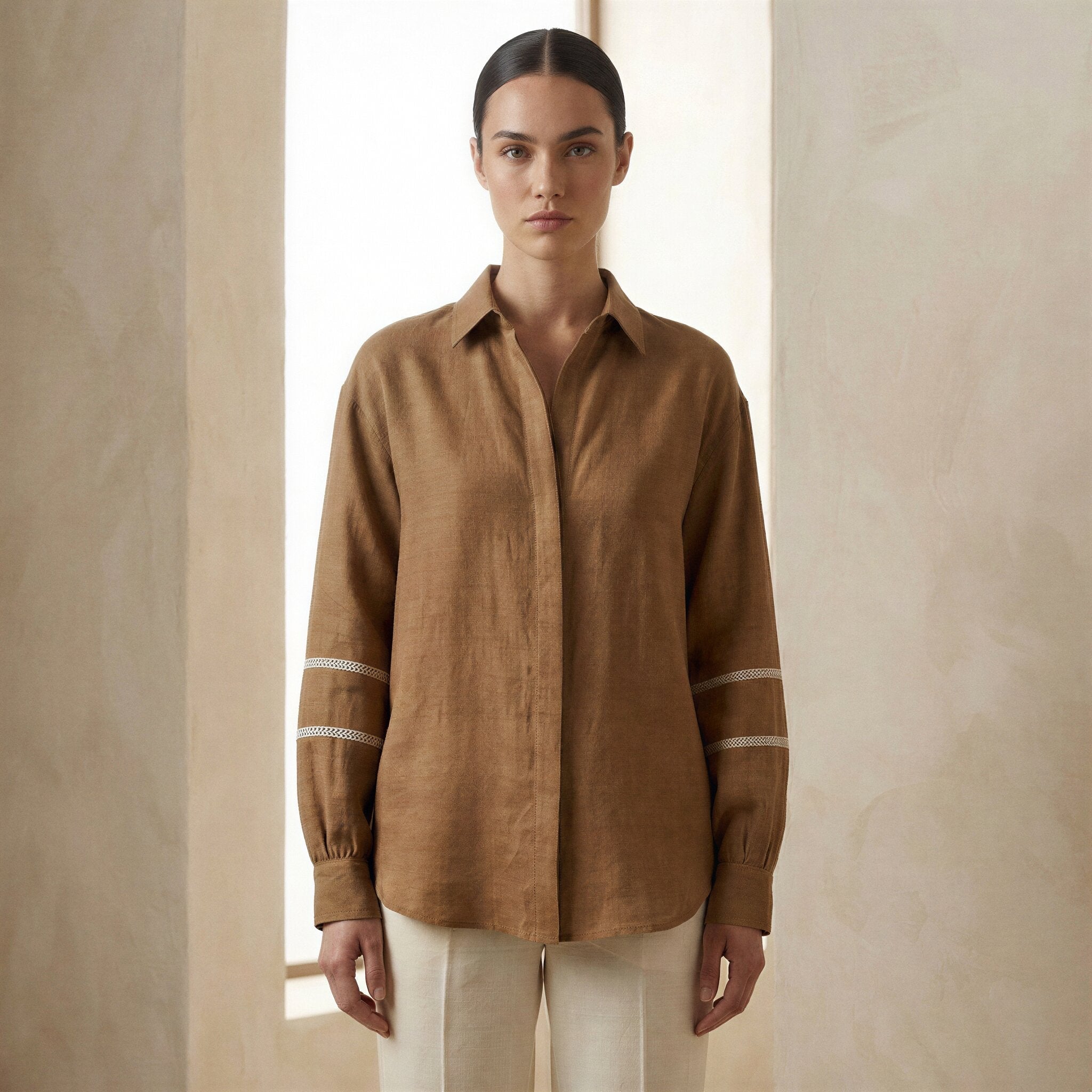 Beige Cotton Relaxed Full Sleeve Button-Down Shirt