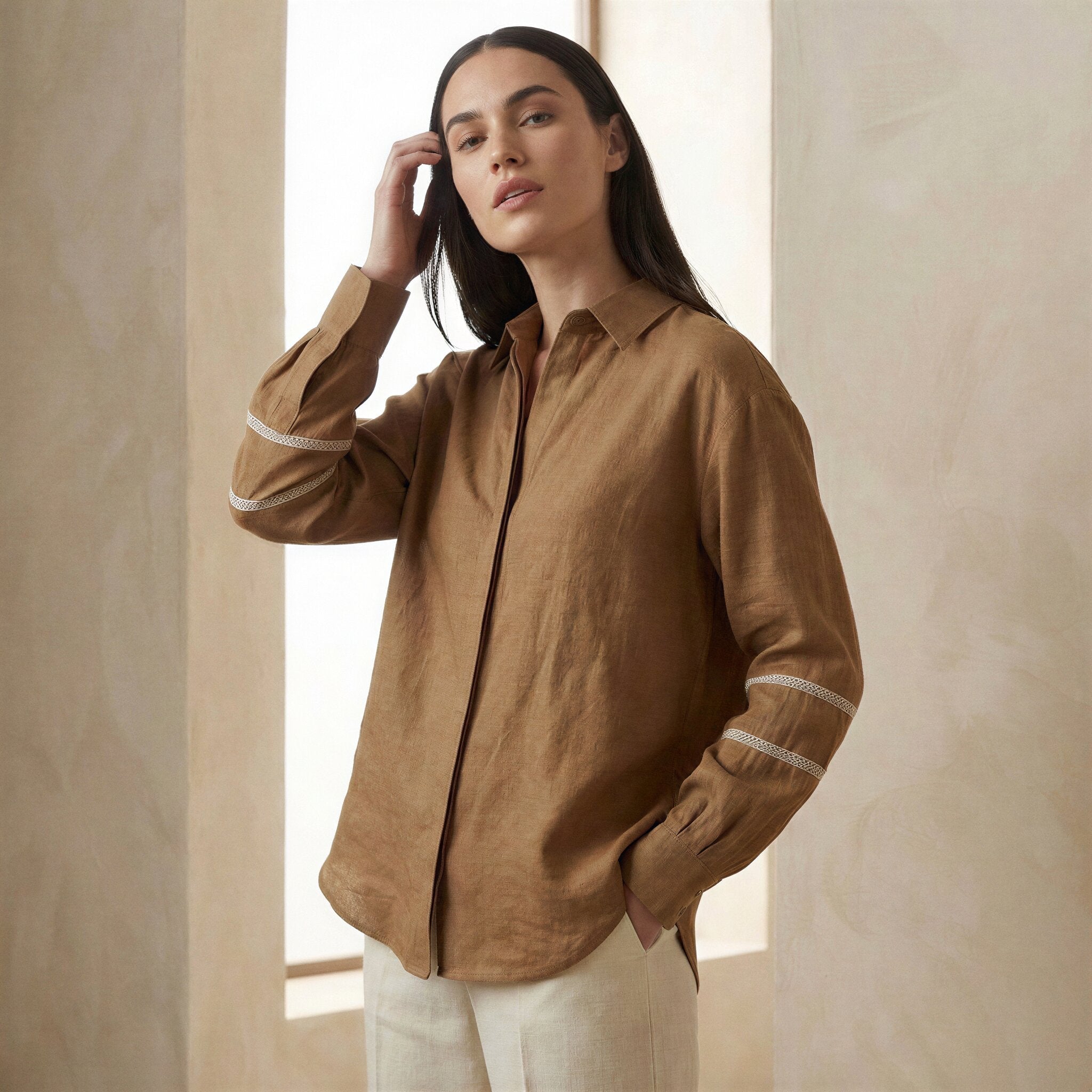 Beige Cotton Relaxed Full Sleeve Button-Down Shirt