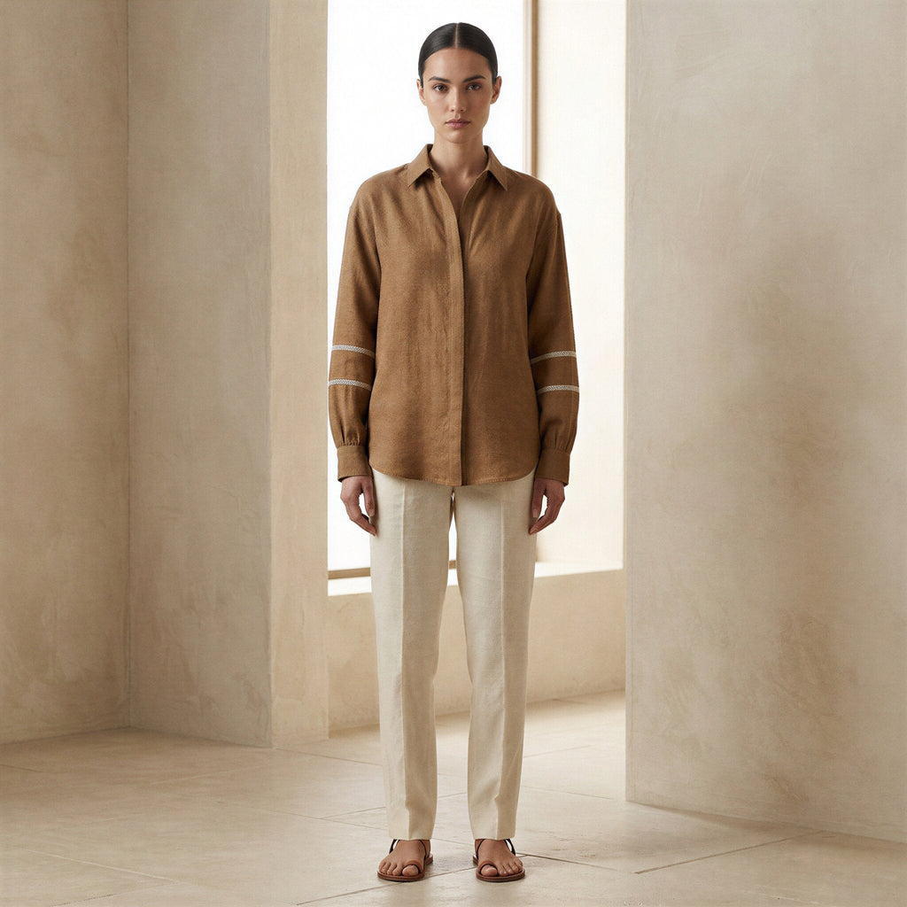 Beige Cotton Relaxed Full Sleeve Button-Down Shirt