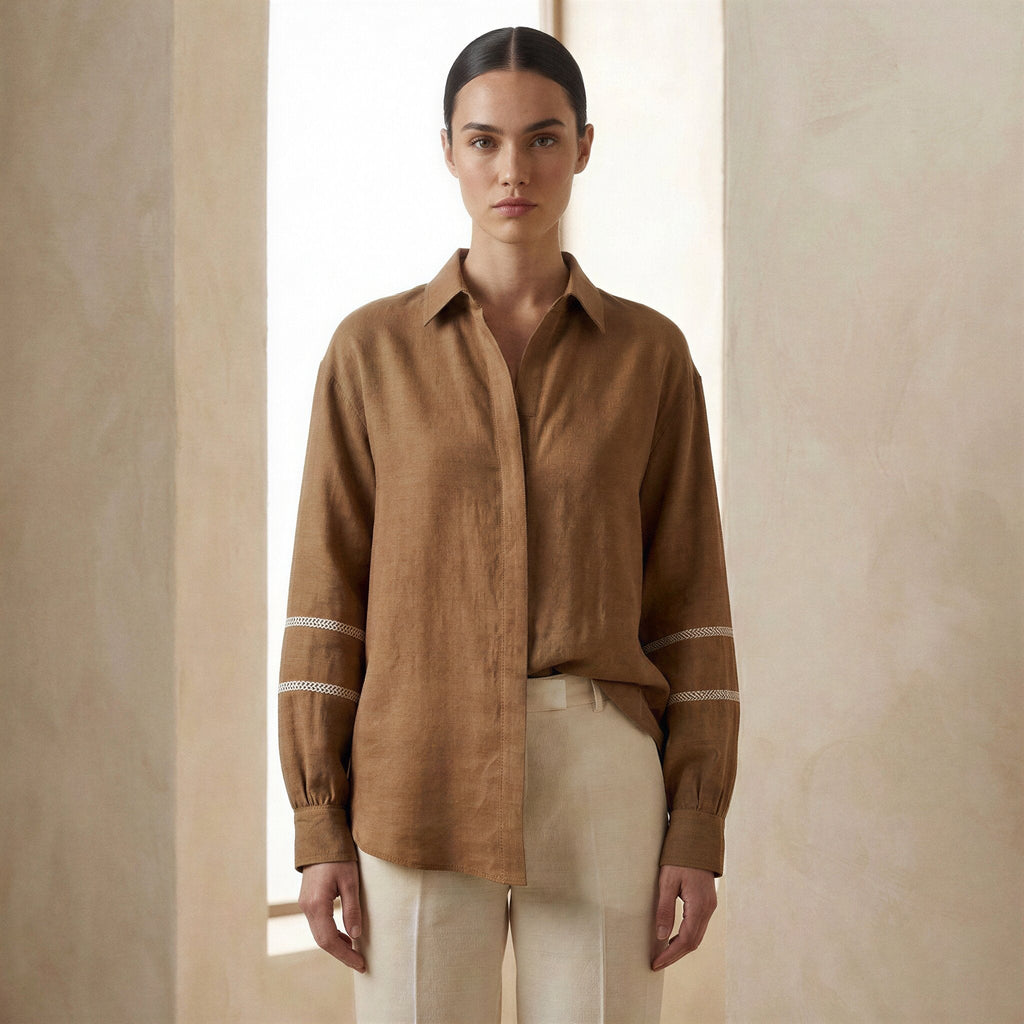 Beige Cotton Relaxed Full Sleeve Button-Down Shirt