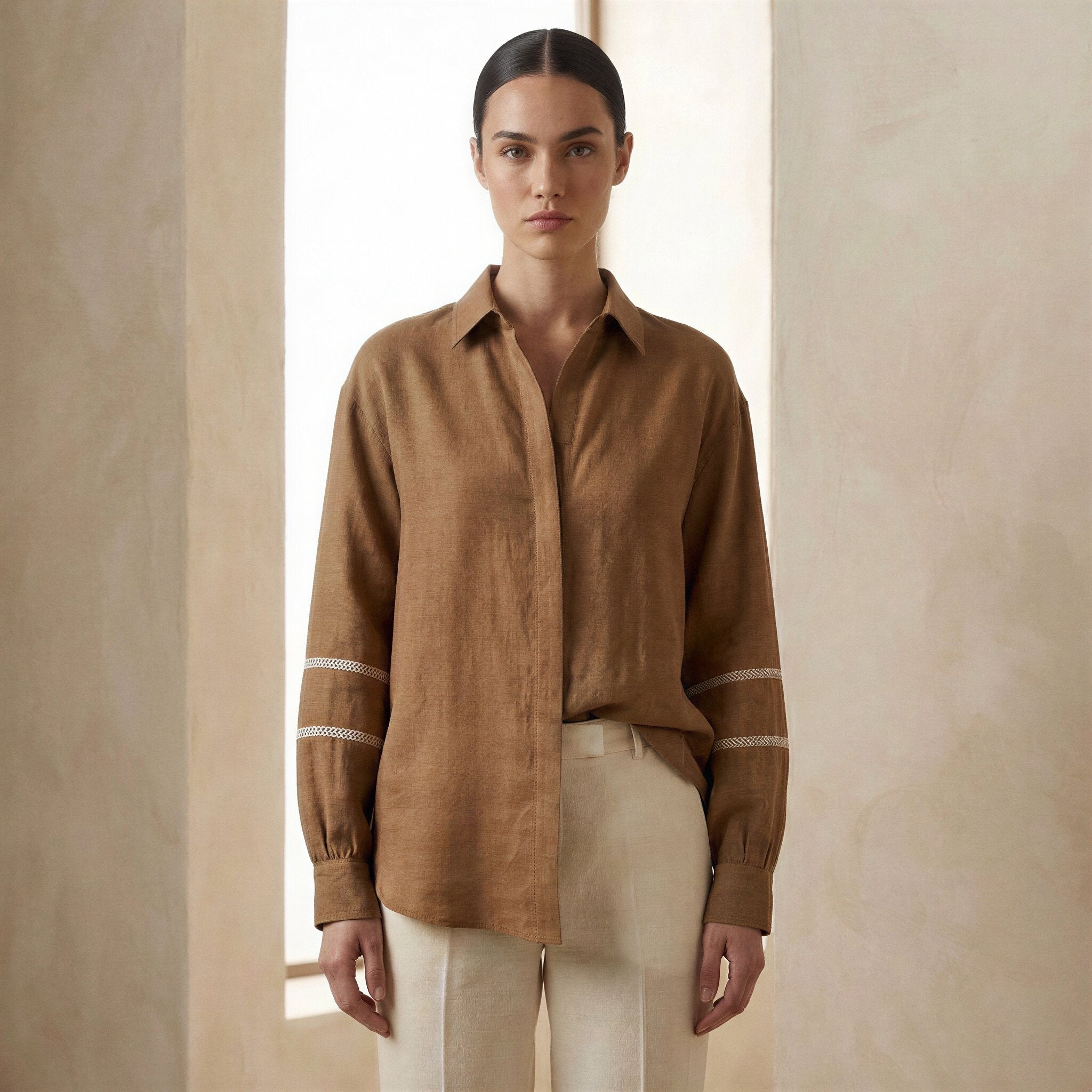 Beige Cotton Relaxed Full Sleeve Button-Down Shirt