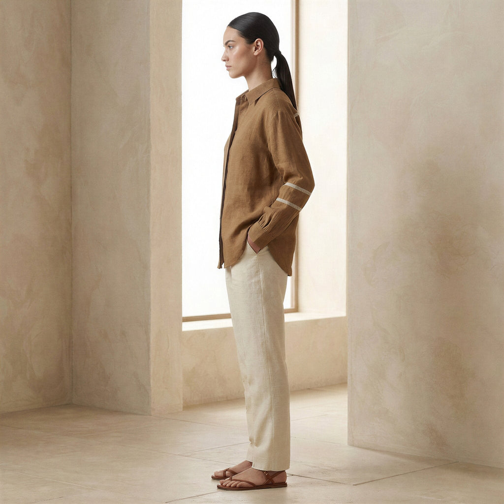 Beige Cotton Relaxed Full Sleeve Button-Down Shirt