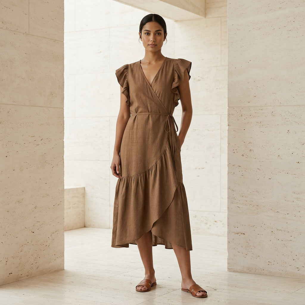 Beige Cotton Ruffle Midi Wrap Dress