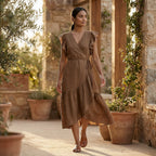 Beige Cotton Ruffle Midi Wrap Dress