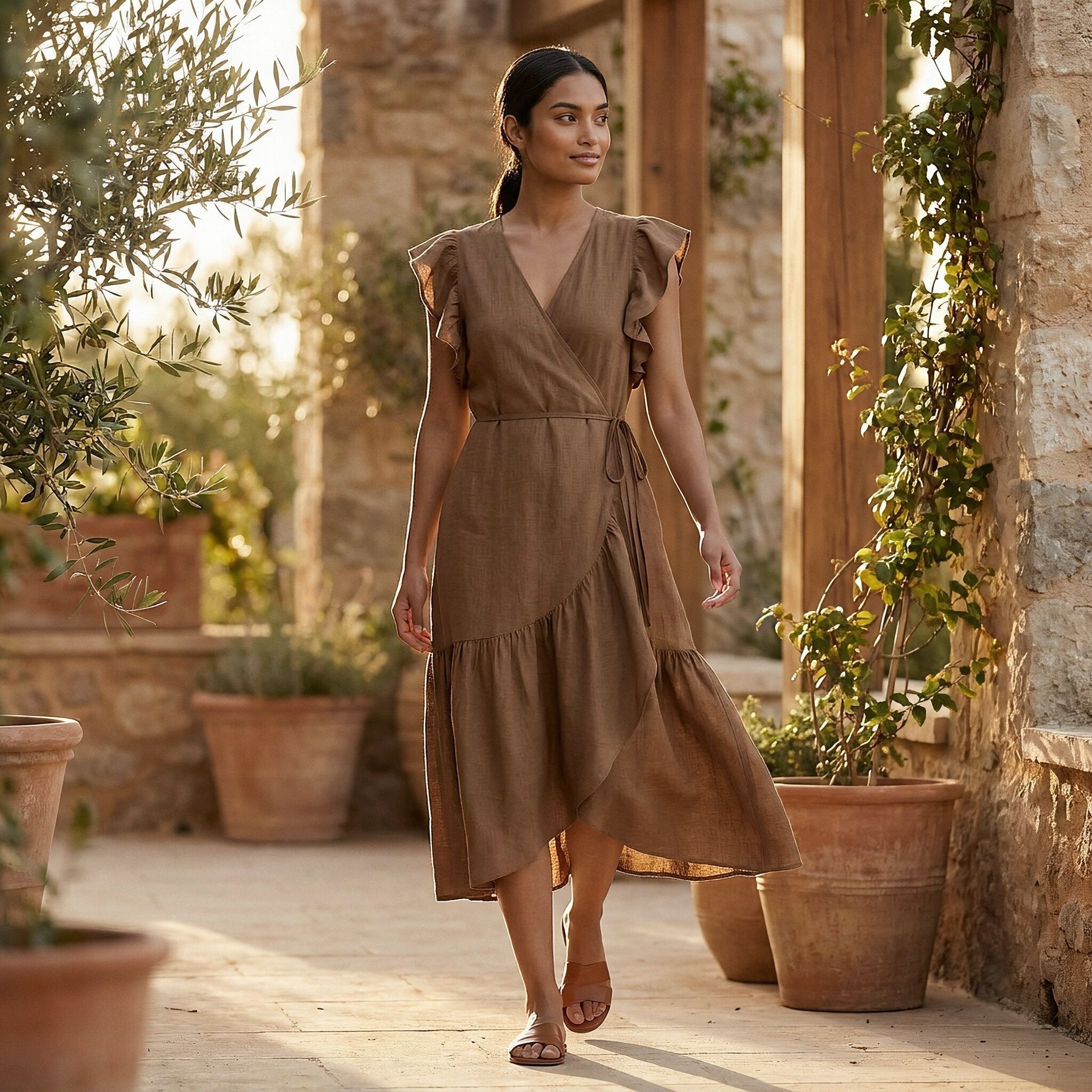 Beige Cotton Ruffle Midi Wrap Dress