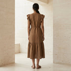 Beige Cotton Ruffle Midi Wrap Dress