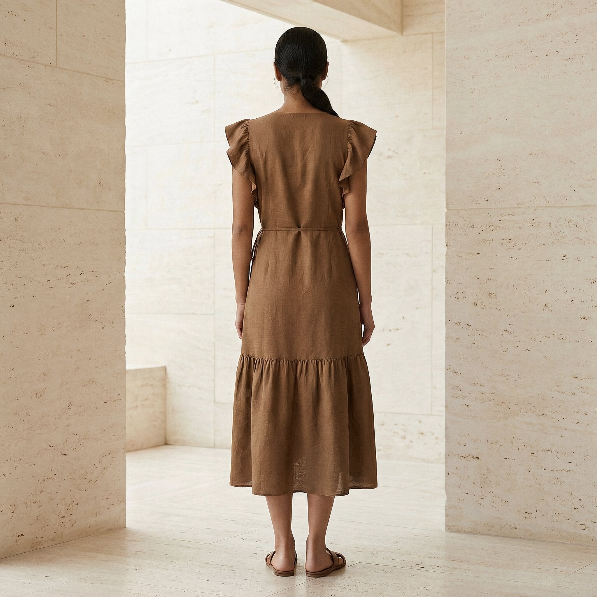 Beige Cotton Ruffle Midi Wrap Dress