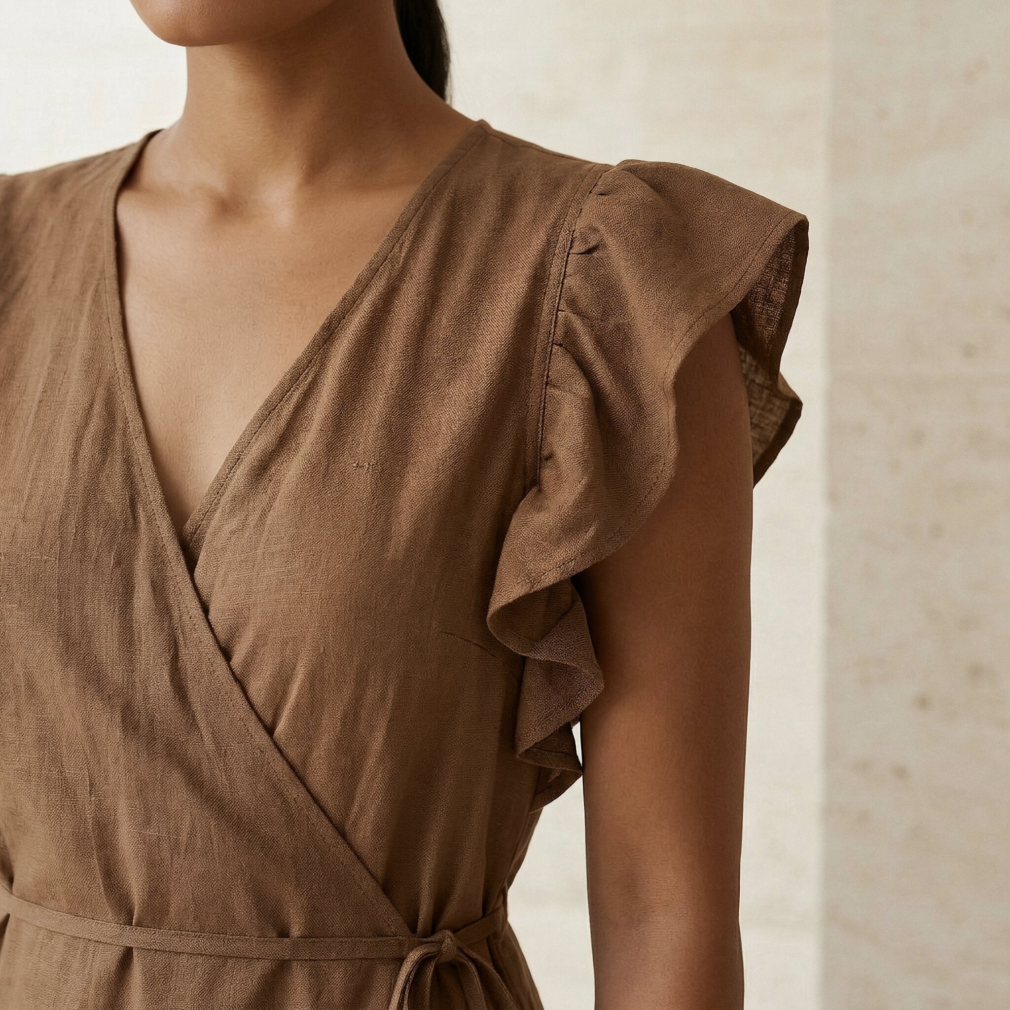 Beige Cotton Ruffle Midi Wrap Dress