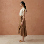 Beige Cotton Ruffle Midi Wrap Skirt
