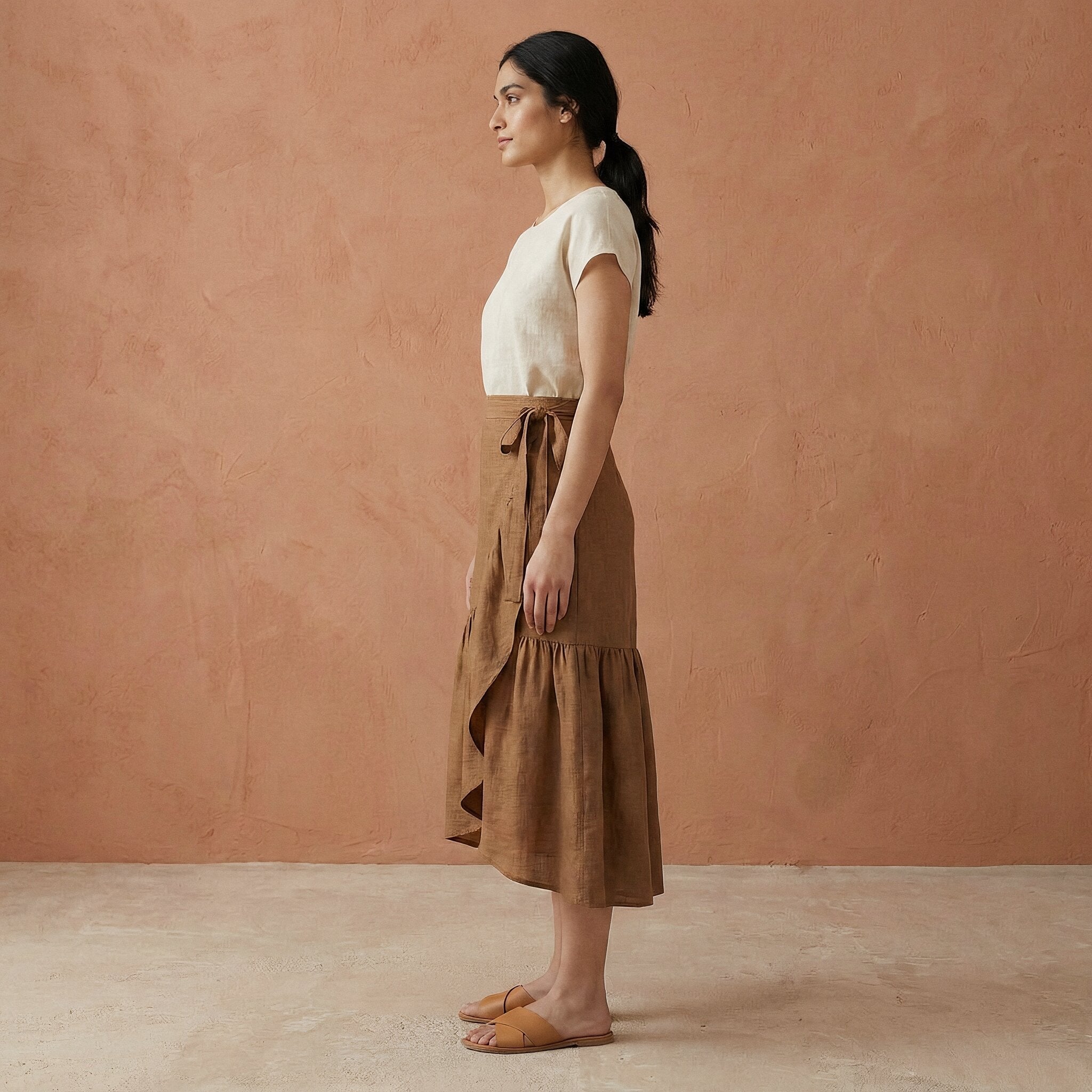 Beige Cotton Ruffle Midi Wrap Skirt