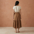 Beige Cotton Ruffle Midi Wrap Skirt