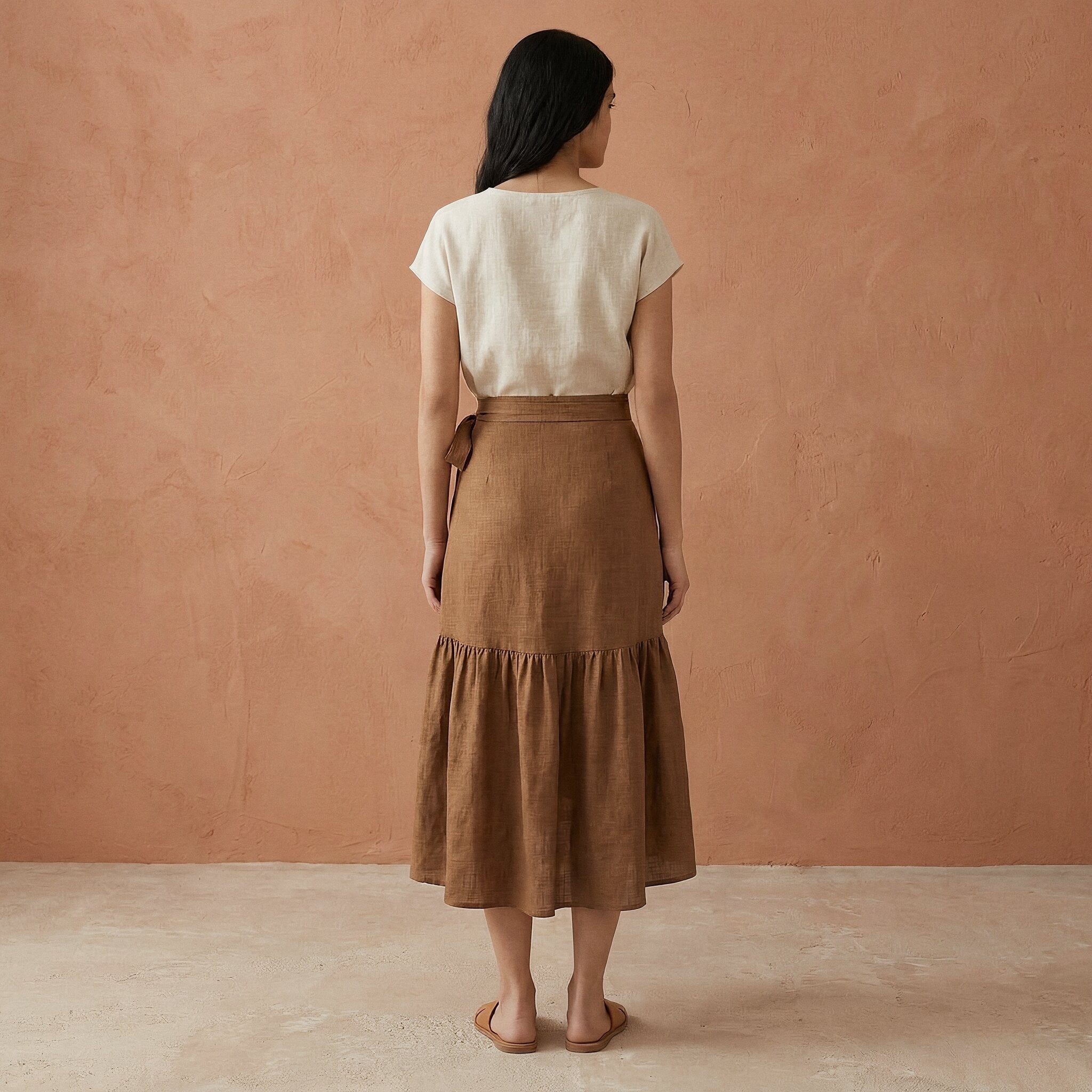 Beige Cotton Ruffle Midi Wrap Skirt