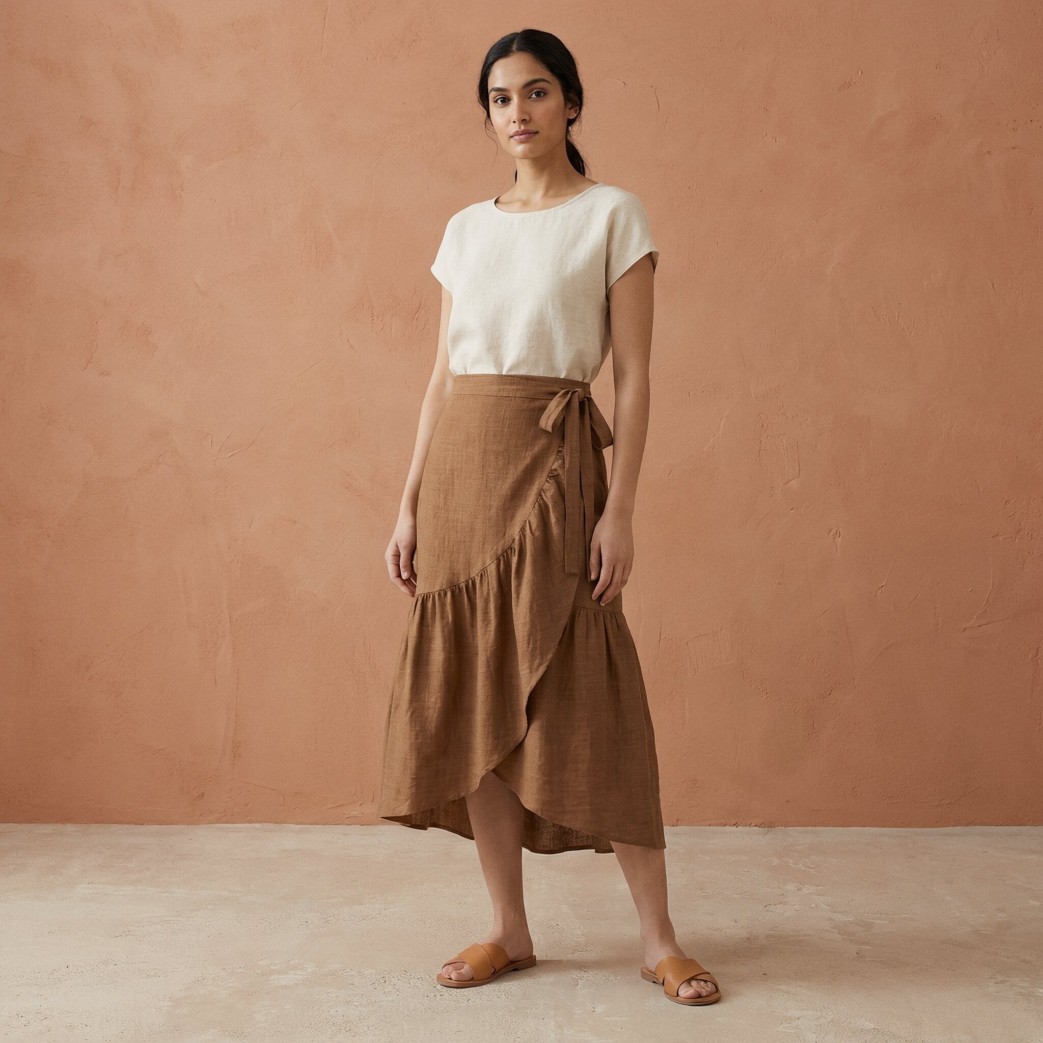 Beige Cotton Ruffle Midi Wrap Skirt