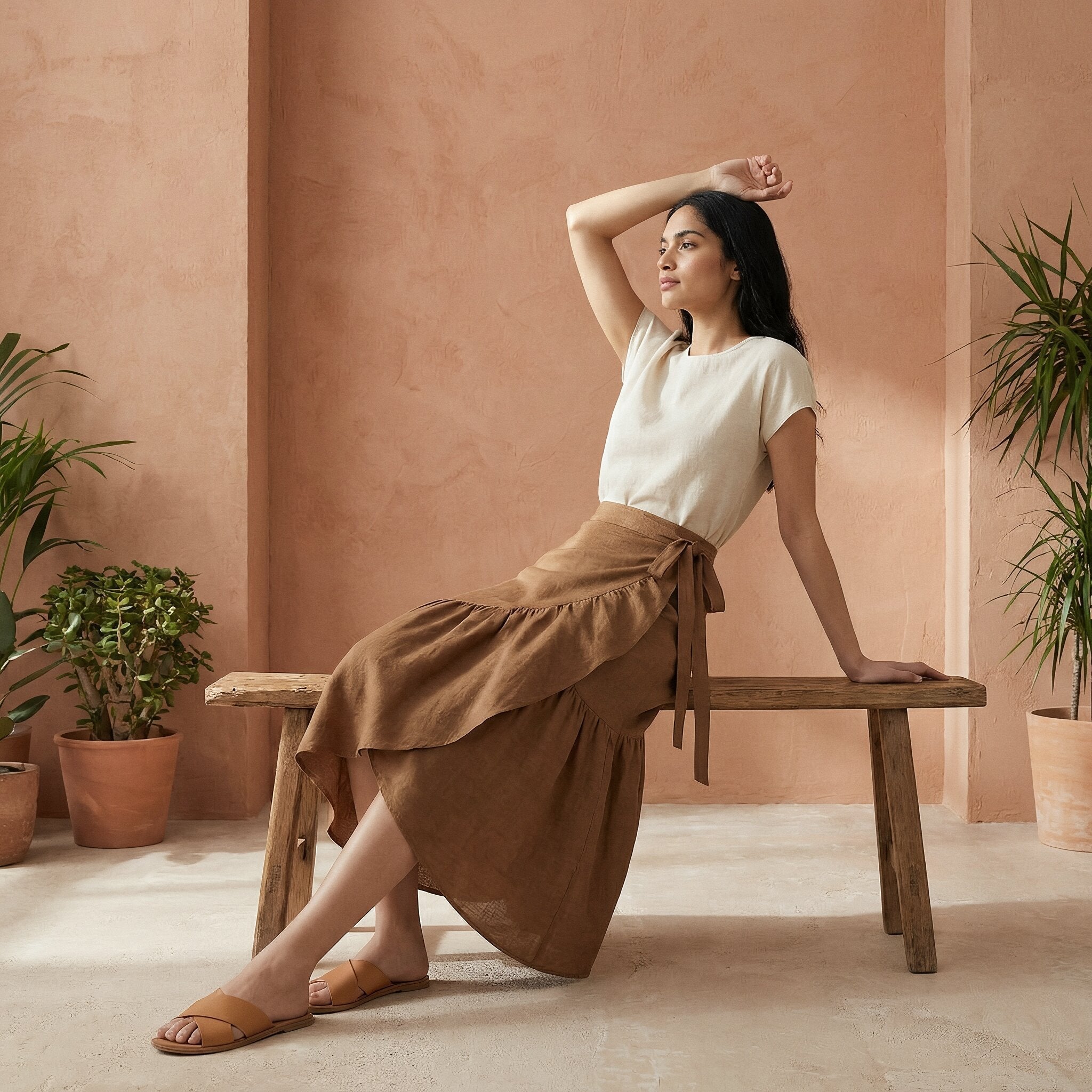 Beige Cotton Ruffle Midi Wrap Skirt