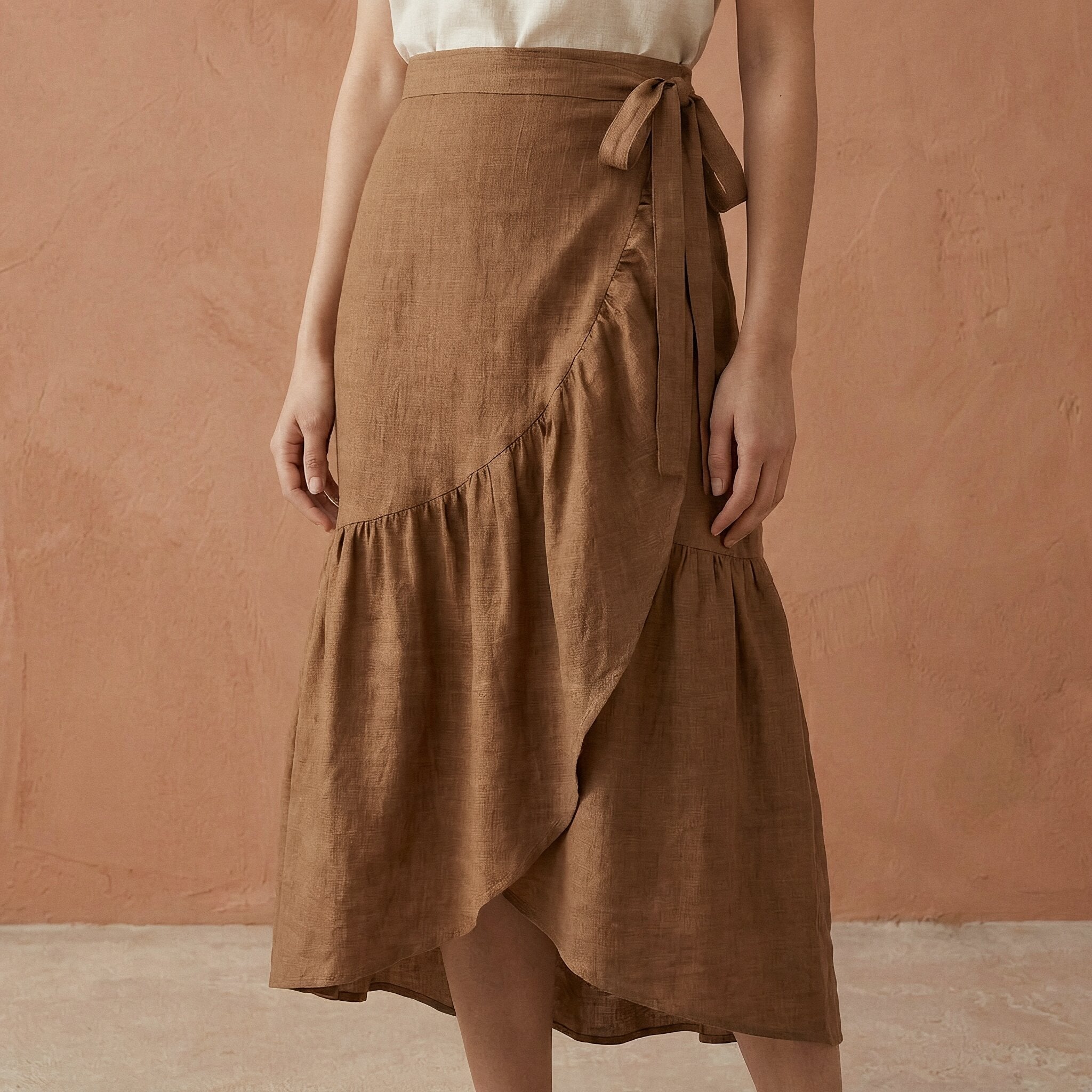 Beige Cotton Ruffle Midi Wrap Skirt
