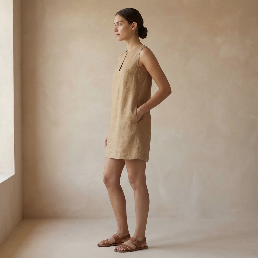 Beige Cotton Sleeveless A-Line Short Shift Dress