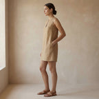 Beige Cotton Sleeveless A-Line Short Shift Dress